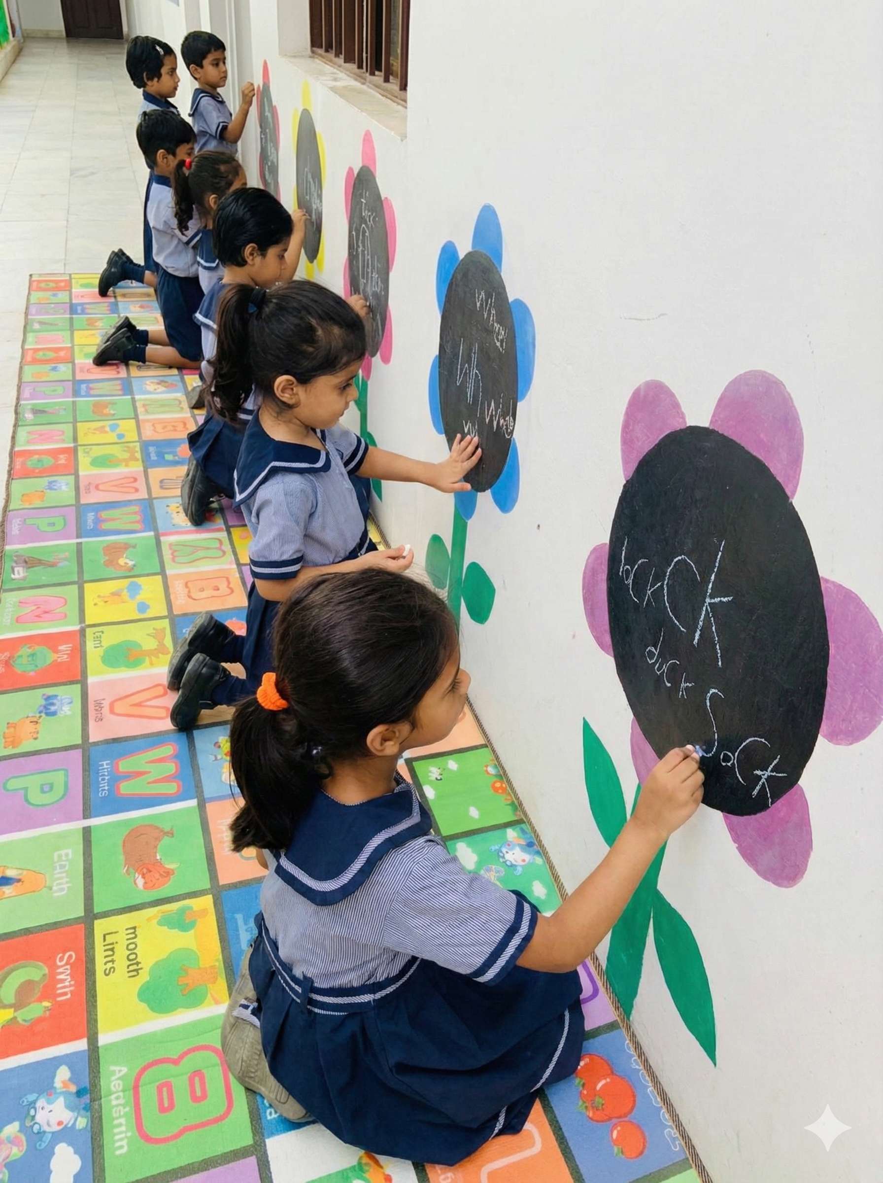 Students writing on a chalkboard